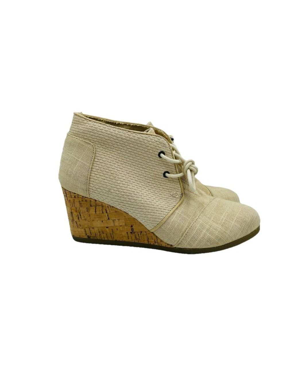 TOMS Shoes Womens Size 9 Tan Beige Cork Wedge Heel Ankle Booties Lace Up Comfort